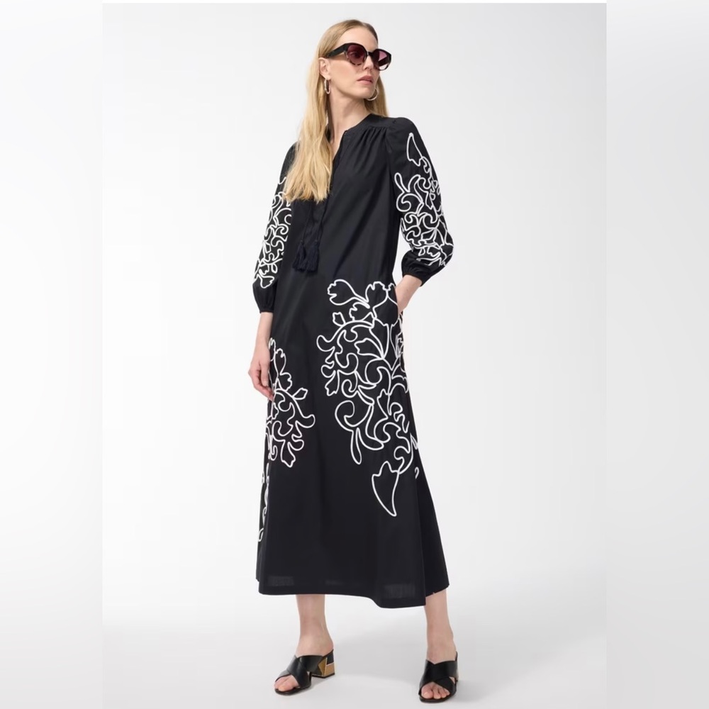 New Chicos Black Poplin Embroidered Maxi Dress